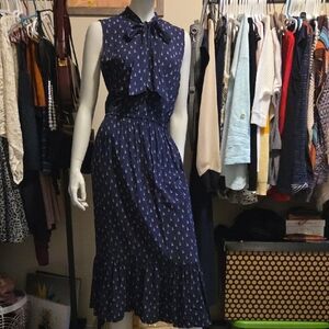 Contemporaine For Simons Navy & Floral Patterned Sleeveless Tie Neck Sundress